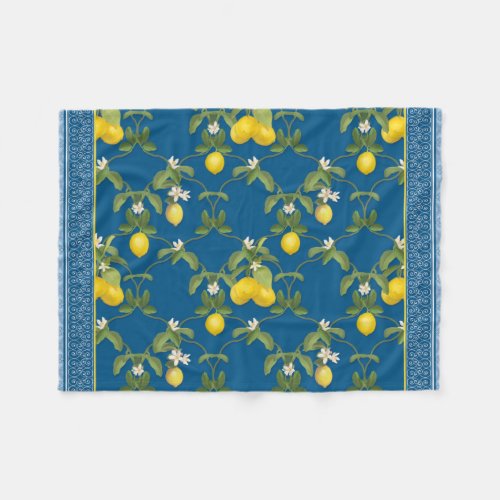 Citrus Lemon Trellis Pattern w Scroll Border Blue Fleece Blanket