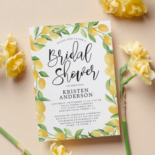 Citrus Lemon Watercolor Border Bridal Shower Invitation