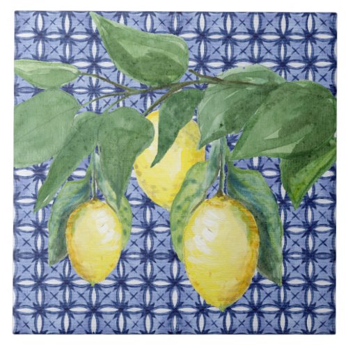 Citrus Lemon Watercolor Foliage Pattern Navy Blue Ceramic Tile