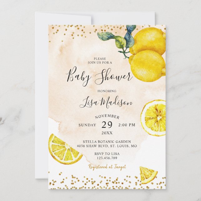 Citrus Lemon Watercolor Themed Baby Shower Invitation (Front)