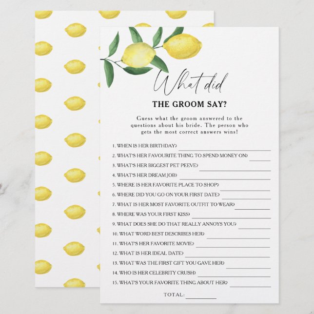 Citrus lemon - What did the groom say bridal game (Front/Back)