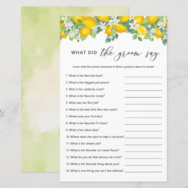 Citrus Lemon What Did The Groom Say Game (Front/Back)