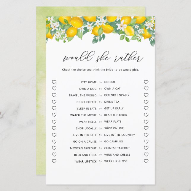 Citrus Lemon Would She Rather Bridal Shower Game  (Front/Back)