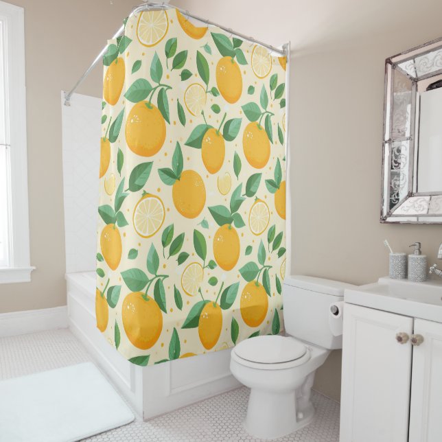 Citrus lemon yellow tropical fruit pattern shower curtain (In Situ)