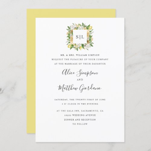 Citrus Lemons and leaves formal monogram wedding Invitation