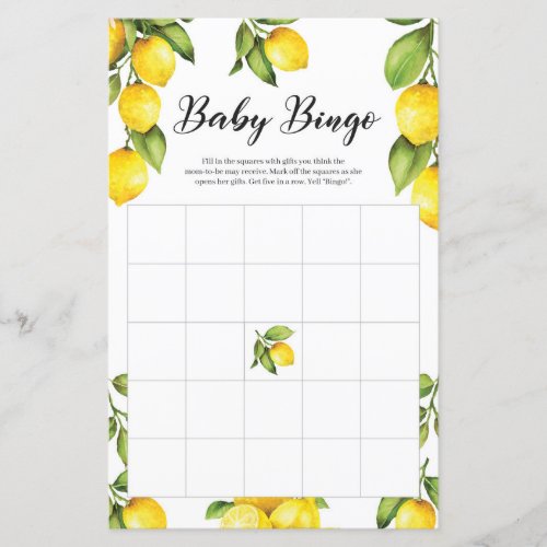 Citrus Lemons Baby Shower Bingo Game Card