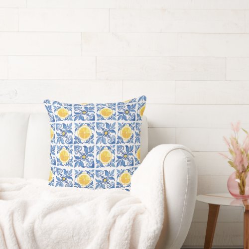 Citrus Lemons Blue Mediterranean Pattern Throw Pillow