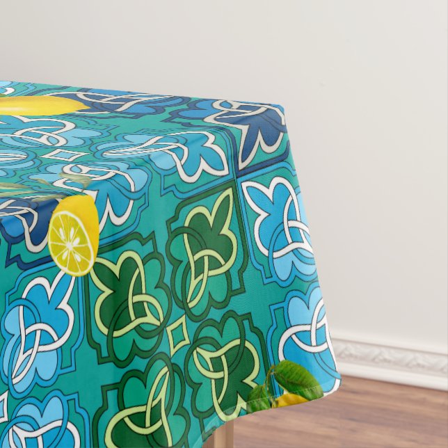Citrus,lemons,green,blue tiles ,summer art        tablecloth (In Situ)