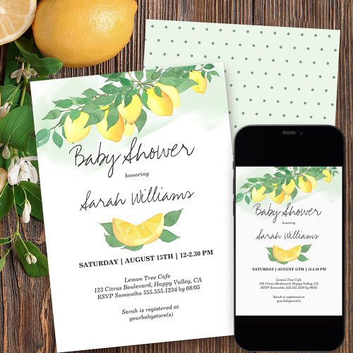 Citrus Lemons Mint Wash Gender Neutral Baby Shower Invitation