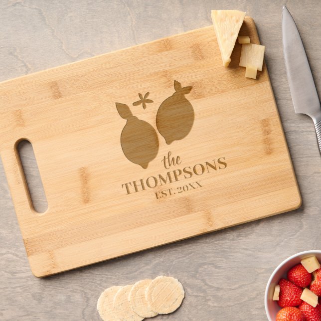 Citrus Lemons Monogram Family Name Engraved Cutting Board (Cheese)