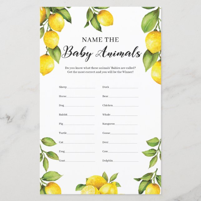 Citrus Lemons Name The Baby Animals Game (Front)