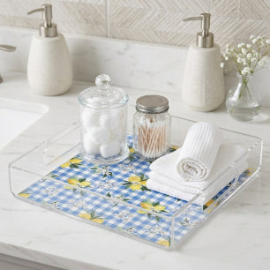 Citrus Lemons on Blue Check Acrylic Tray