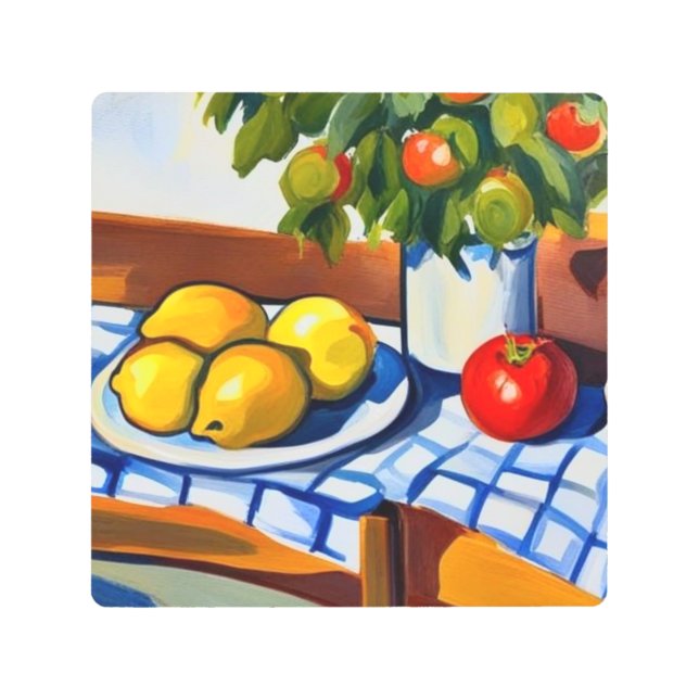 Citrus lemons, tomatoes blue check tablecloth metal print (Front)