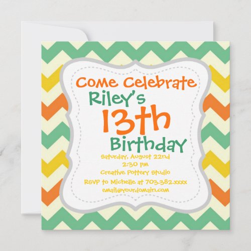 Citrus Lime Green Orange Yellow Chevron Zigzags Personalized Invitations