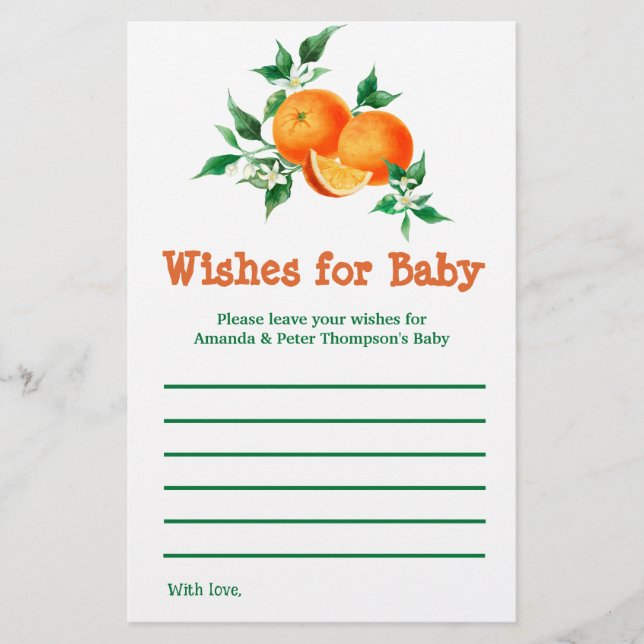 Citrus Little Cutie Baby Shower Wishes Game Card Flyer (Front)