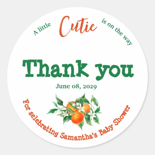Citrus Little Cutie Blossom Orange Baby Shower Classic Round Sticker (Front)