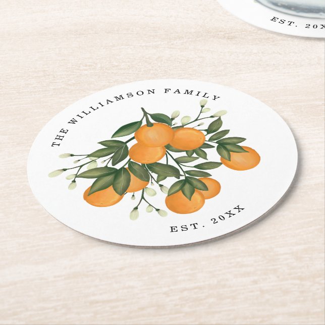 Citrus Love Botanical Orange Greenery Established Round Paper Coaster (Angled)