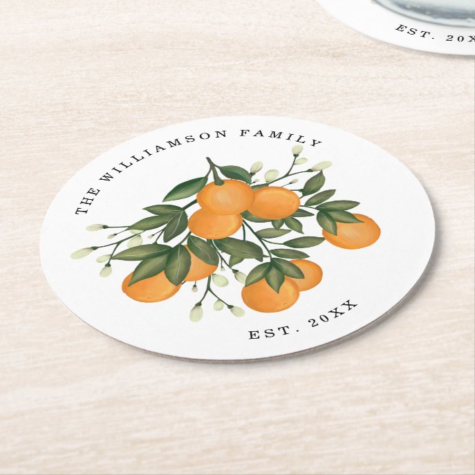 Citrus Love Botanical Orange Greenery Established Round Paper Coaster