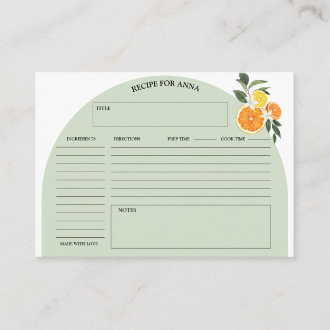Citrus Lush Greenery Bridal Shower Recipe Cards  (Front)