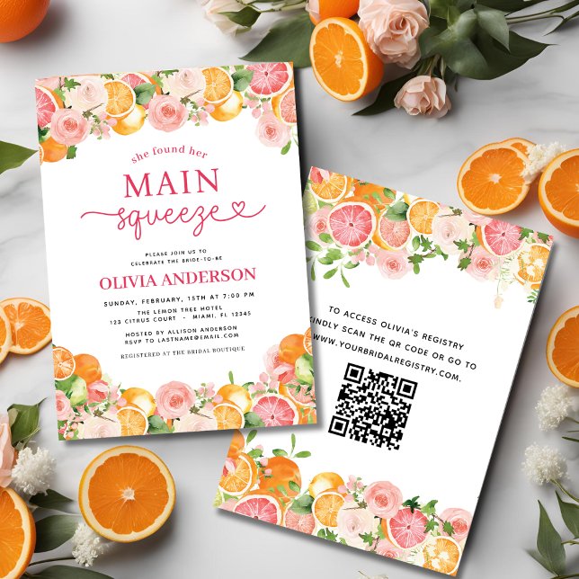 Citrus Main Squeeze QR Code Bridal Shower Invitation (Creator Uploaded)