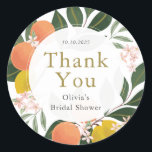 Citrus Main Squeeze Thank You Classic Round Sticker<br><div class="desc">Seal your invitation envelopes or favors with these classic citrus thank you stickers. Featuring your event name and date framed by a watercolor wreath of greenery,  oranges and lemons. Coordinates with the Citrus Love collection found in the Adore Paper Co. Zazzle Shop.</div>
