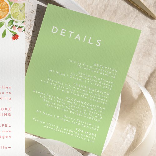 Citrus Minimalist Simple Green Wedding Details Enclosure Card
