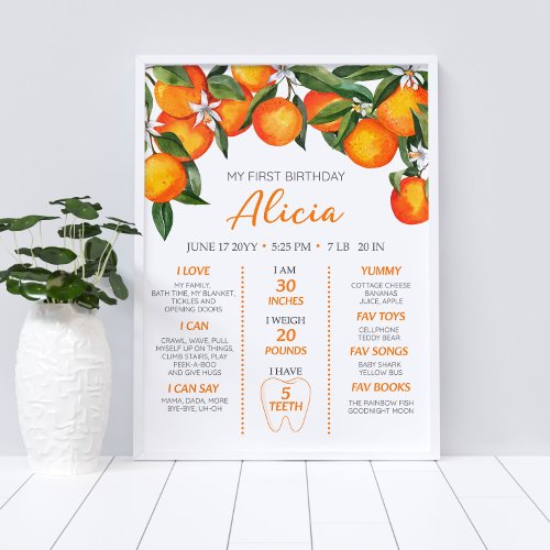 Citrus Orange 1st Birthday Milestone Poster