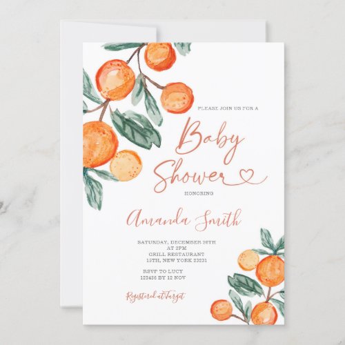Citrus Orange Baby in bloom Summer Baby Shower Invitation