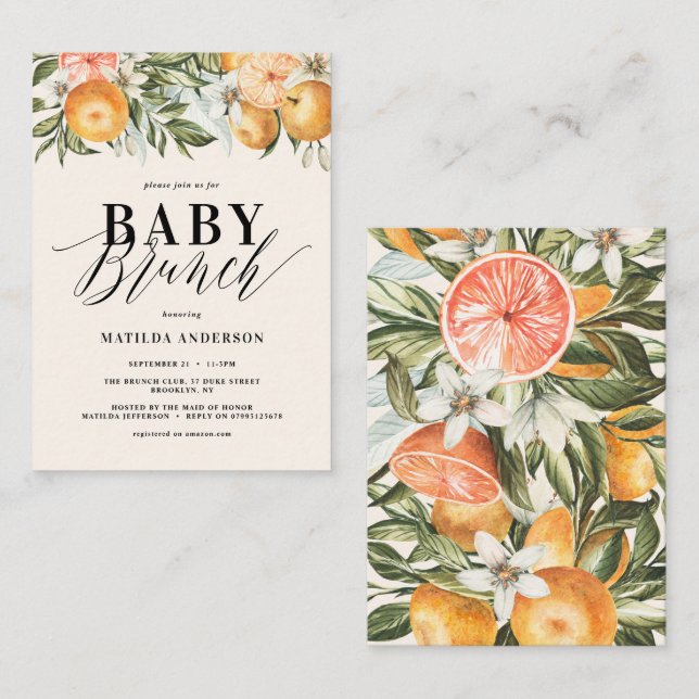 Citrus, orange + blossom baby brunch party note card (Front/Back)