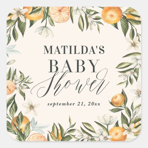 Citrus orange  blossom baby shower party favor square sticker