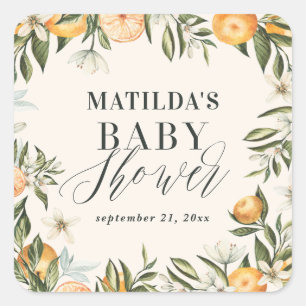 Citrus, orange + blossom baby shower party favor square sticker