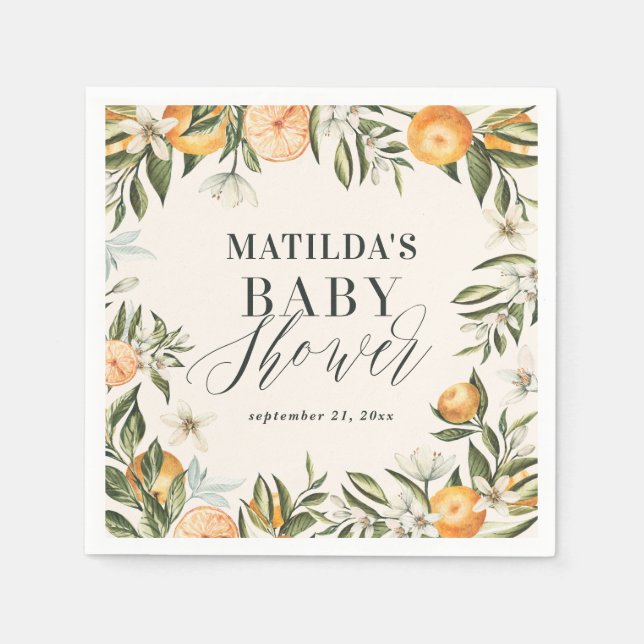 Citrus, orange + blossom baby shower party napkins (Front)