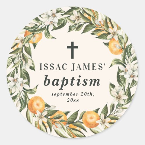 Citrus orange  blossom christening baptism classic round sticker