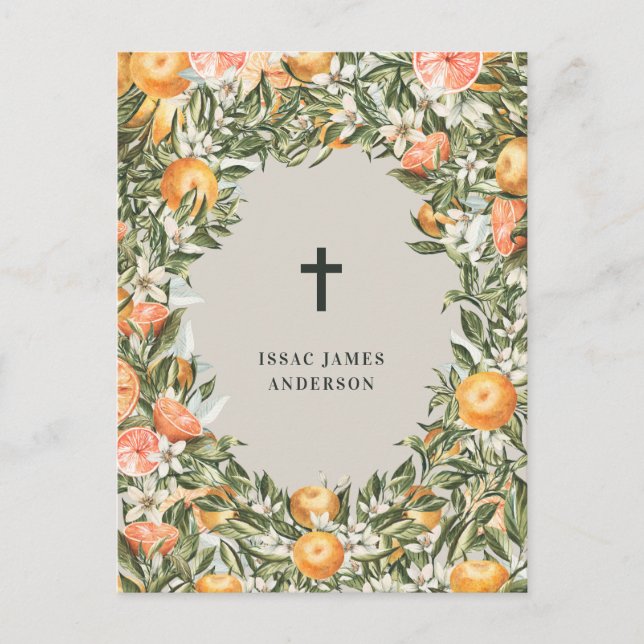 Citrus, orange + blossom christening baptism invitation postcard (Front)