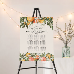 Citrus, orange + blossom foliage wedding seating foam board