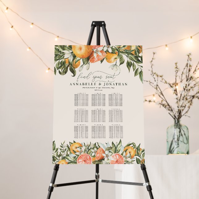 Citrus, orange + blossom foliage wedding seating foam board (In Situ (Stand))
