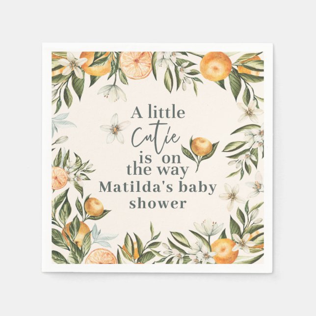 Citrus, orange + blossom little cutie baby shower napkins (Front)