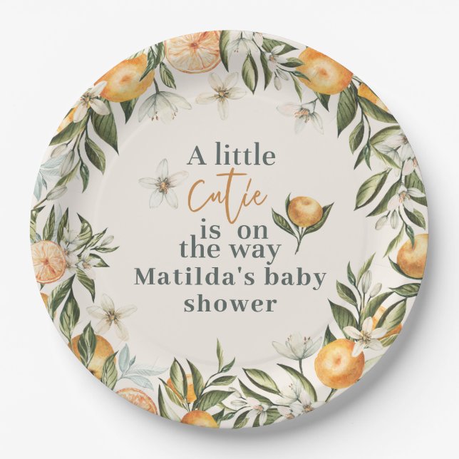 Citrus, orange + blossom little cutie baby shower paper plates (Front)