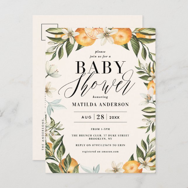 Citrus orange blossom virtual baby shower party invitation postcard (Front/Back)