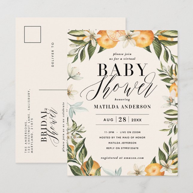 Citrus orange blossom virtual baby shower party po invitation postcard (Front/Back)