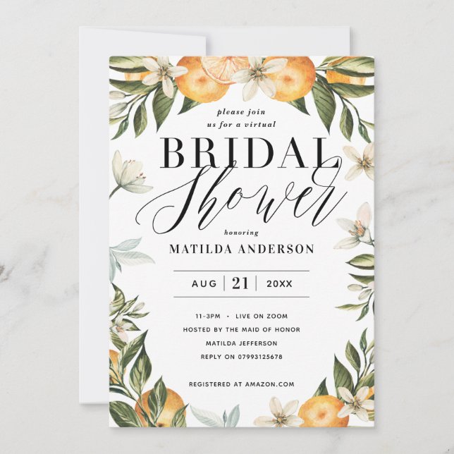 Citrus orange blossom virtual bridal shower party (Front)