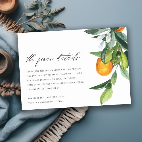 Citrus Orange Botanical Boho Wedding Details Enclosure Card