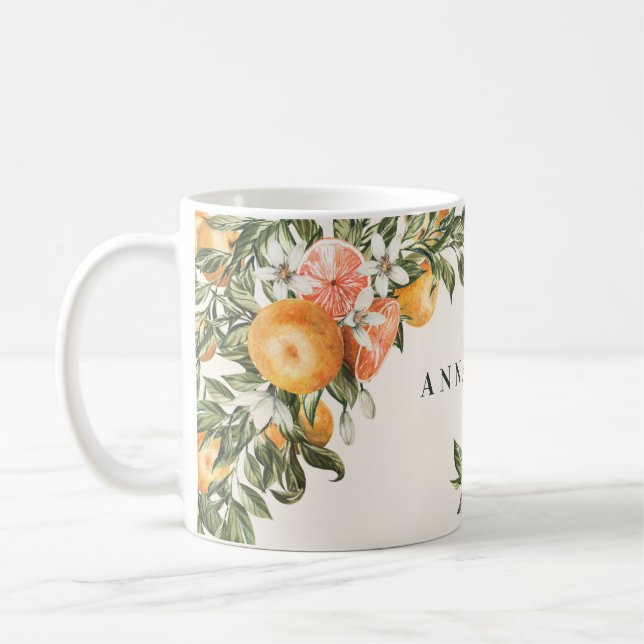 Citrus orange botanical modern rustic personalized coffee mug (Left)