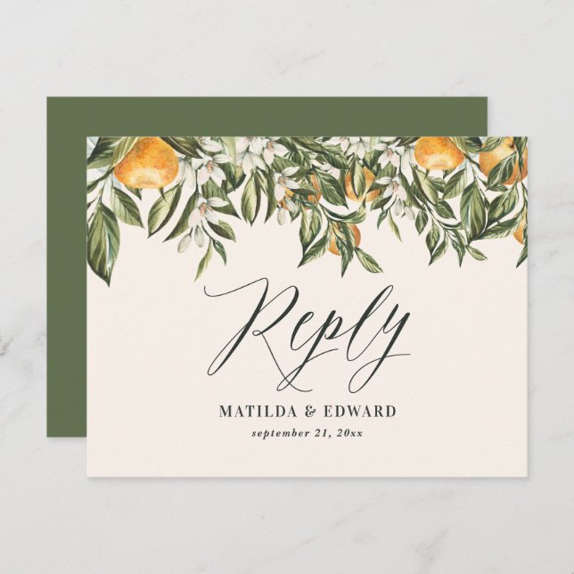 Citrus orange botanical modern rustic RSVP (Front/Back)