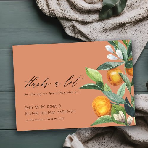 Citrus Orange Botanical Rust Watercolor Wedding Thank You Card