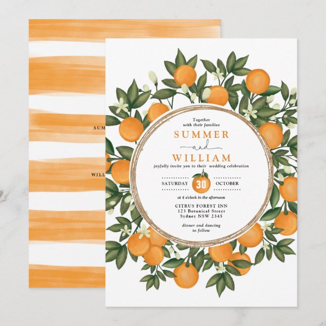 Citrus Orange Botanical Tangerine Greenery Wedding Invitation (Front/Back)
