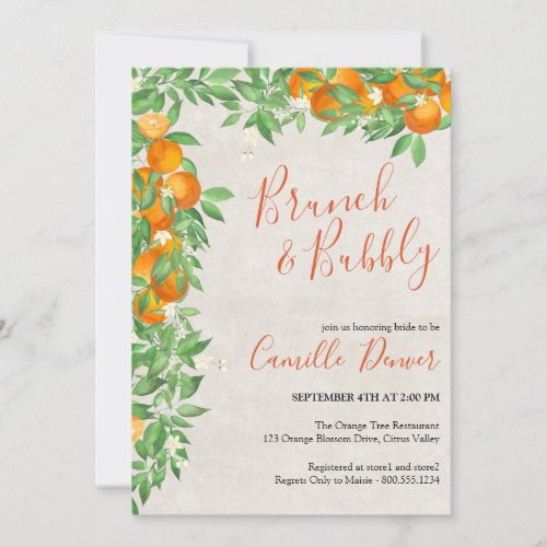 Citrus Orange Brunch  Bubbly Bridal Shower Invitation