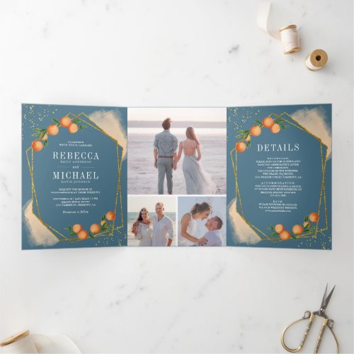 Citrus Orange Dusty Blue Photo Collage Wedding Tri_Fold Invitation