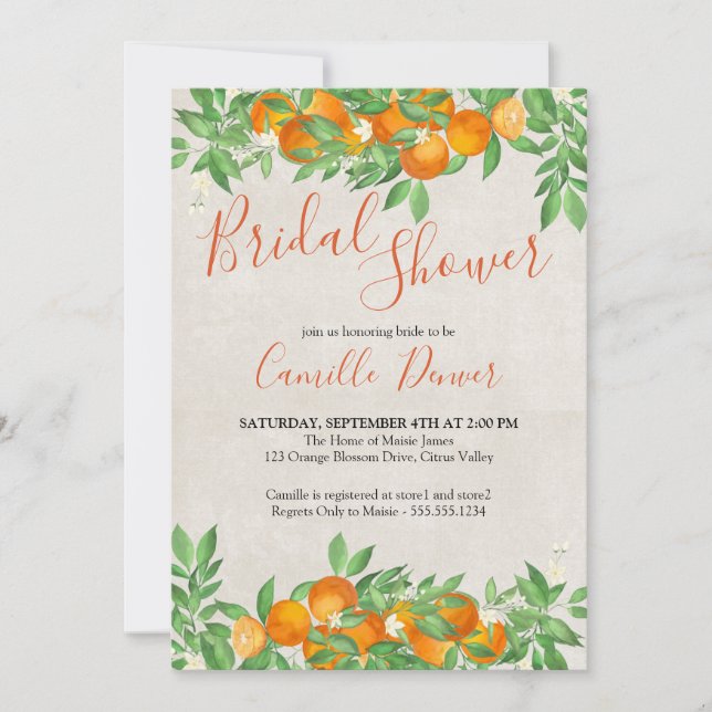 Citrus Orange Elegant Script Bridal Shower Invitation (Front)