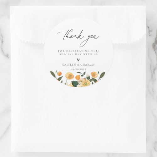 Citrus Orange Floral Wedding Thank You Classic Round Sticker